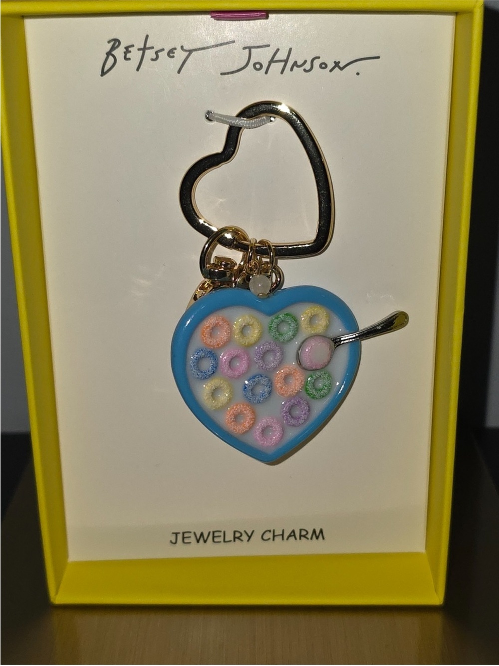 Betsey Johnson Blue Heart Cereal Bowl Keychain with Pastel Cereal